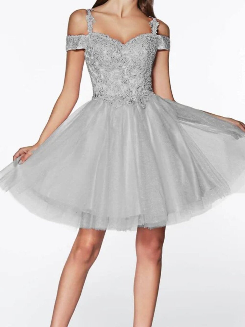 NWT Ladivine CD0132 Cocktail Cold Shoulder Glitter Tulle Dress Silver Size Large